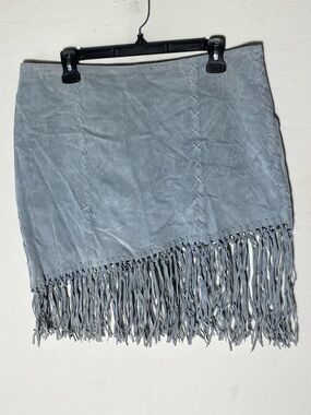 Vintage 90s Y2K Originaux Par Pablo Low Rise Blue Grey Suede Mini Skirt W Fringe
